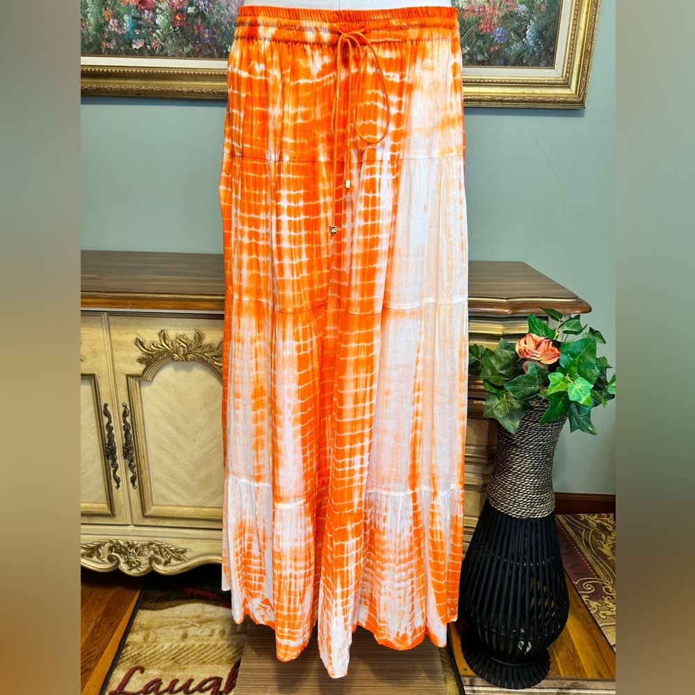 Michael Kors Peach Orange White Tie Dye Boho Summer Festival Maxi Skirt